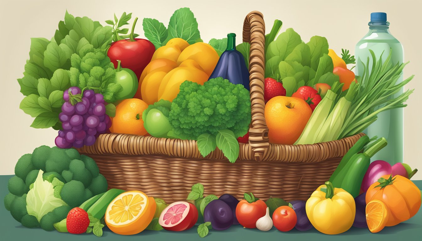 A colorful array of fresh fruits, vegetables, and herbs overflowing from a basket, with a bottle of Garden of Life raw organic supplement next to it