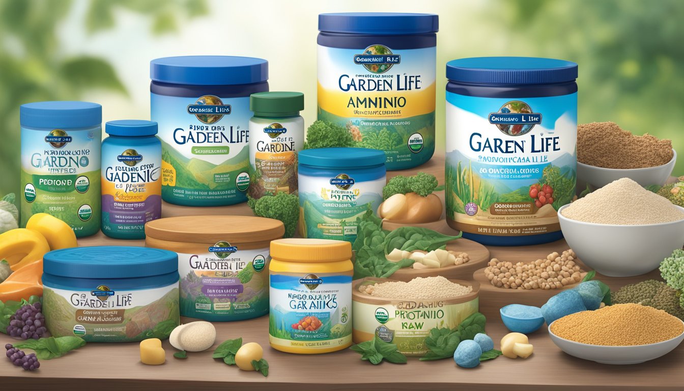 A table filled with various Garden of Life protein products and amino acids, with multiple servings of Garden of Life raw organic displayed