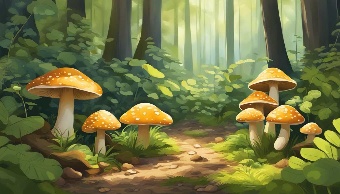 A sunny forest floor with a cluster of mushrooms, surrounded by dappled light and green foliage