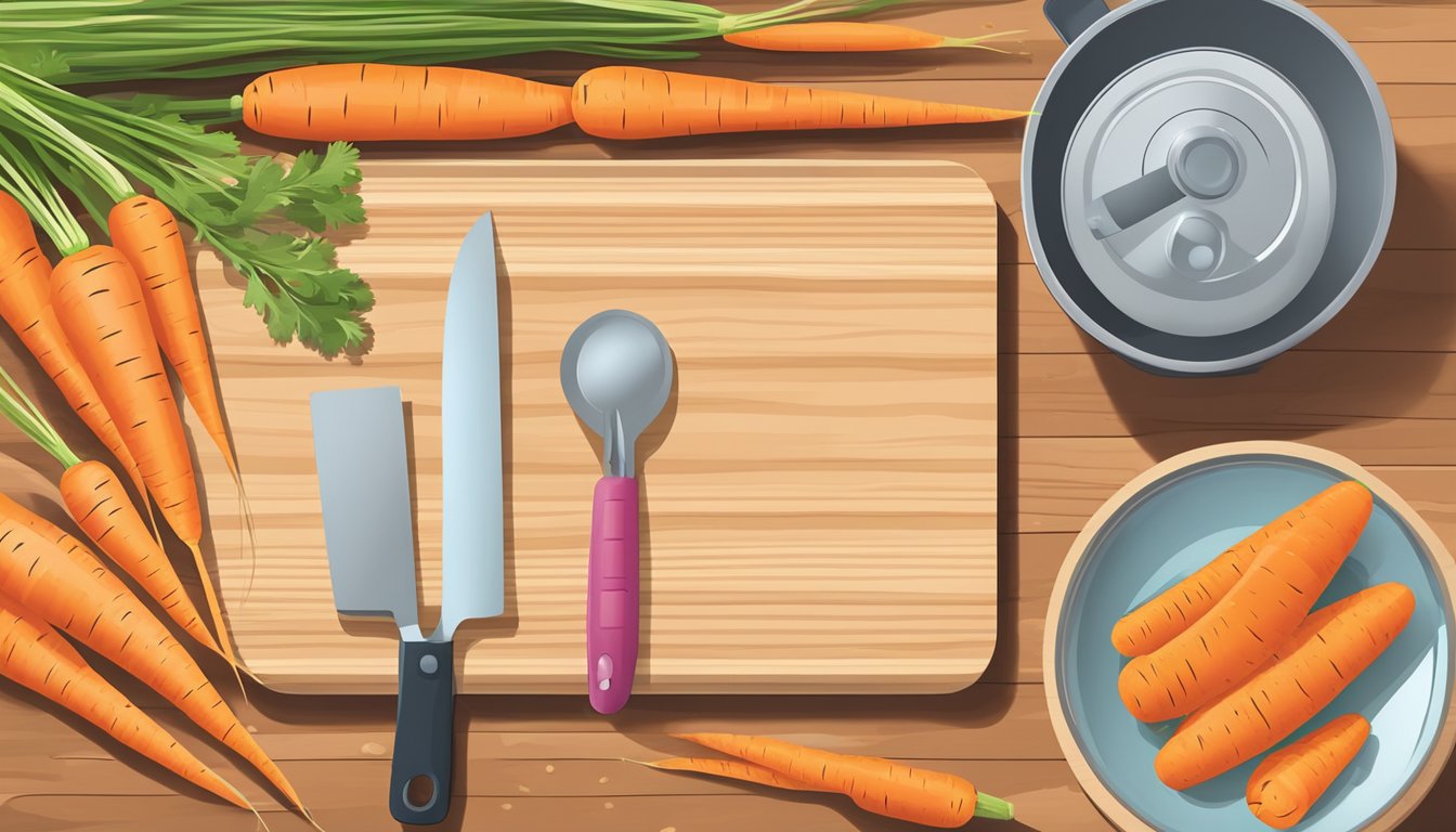 A colorful array of fresh whole and sliced carrots arranged on a cutting board next to a measuring cup