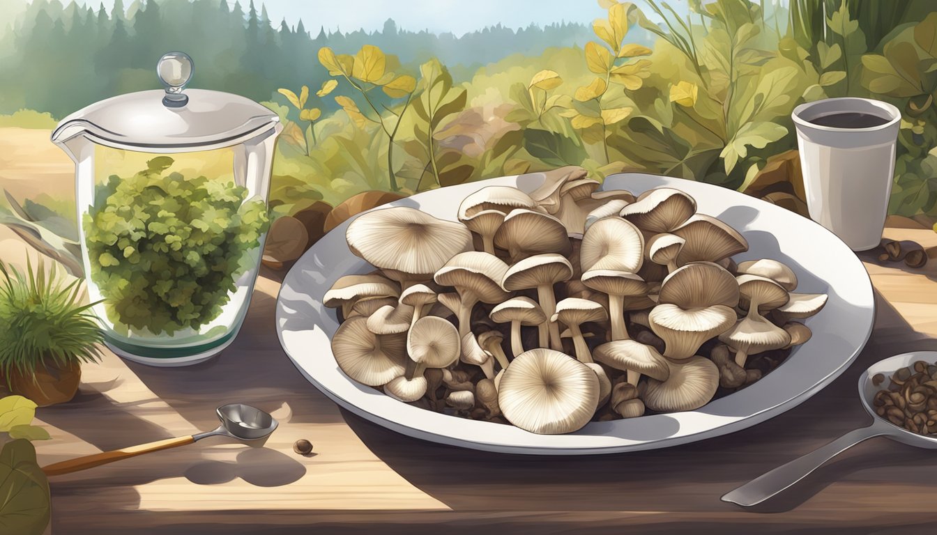 A plate of assorted mushrooms under sunlight with a measuring cup nearby