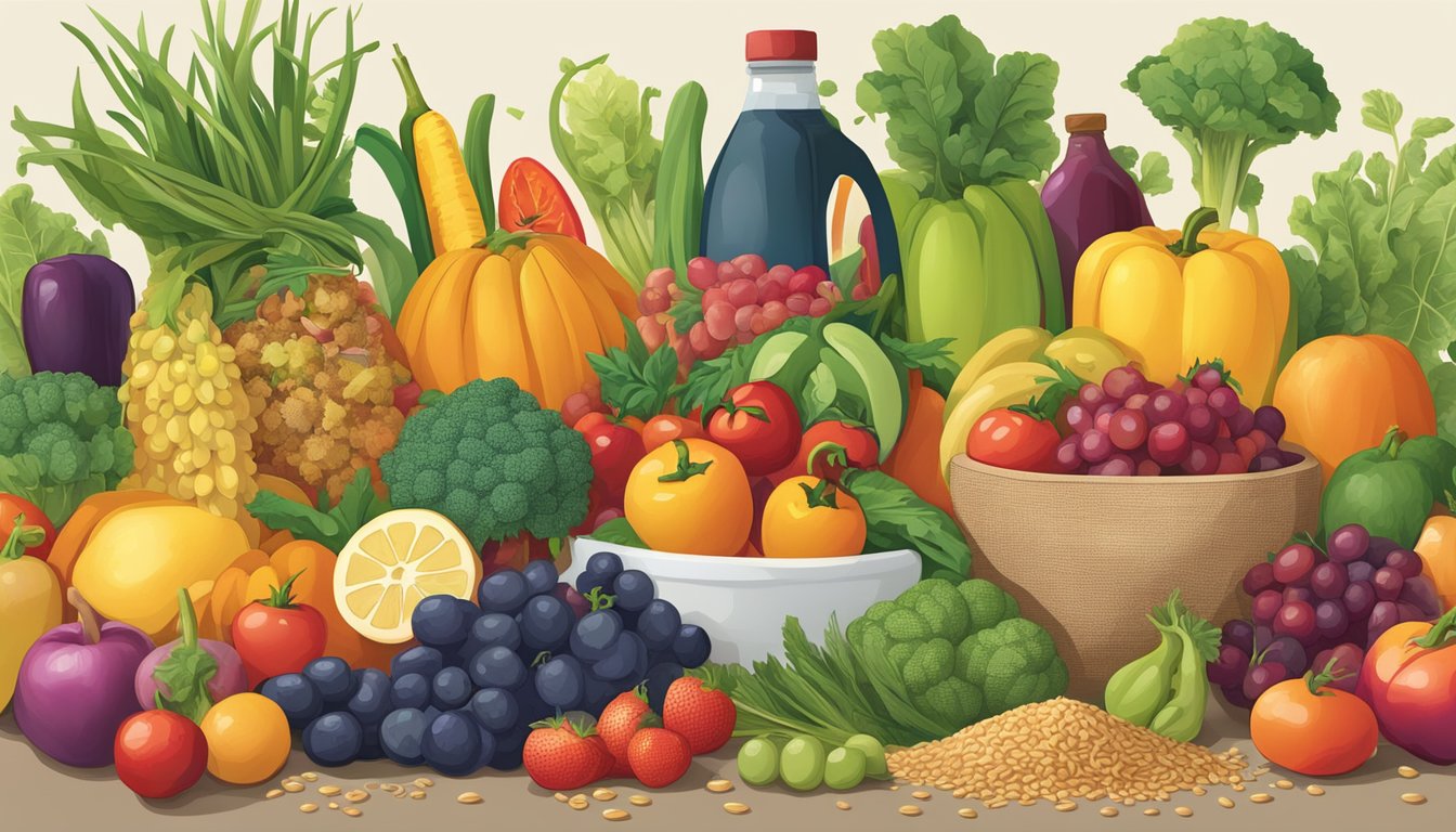 A colorful table with various fruits, vegetables, and grains, with a bottle of Garden of Life Raw Organic supplement surrounded by question marks