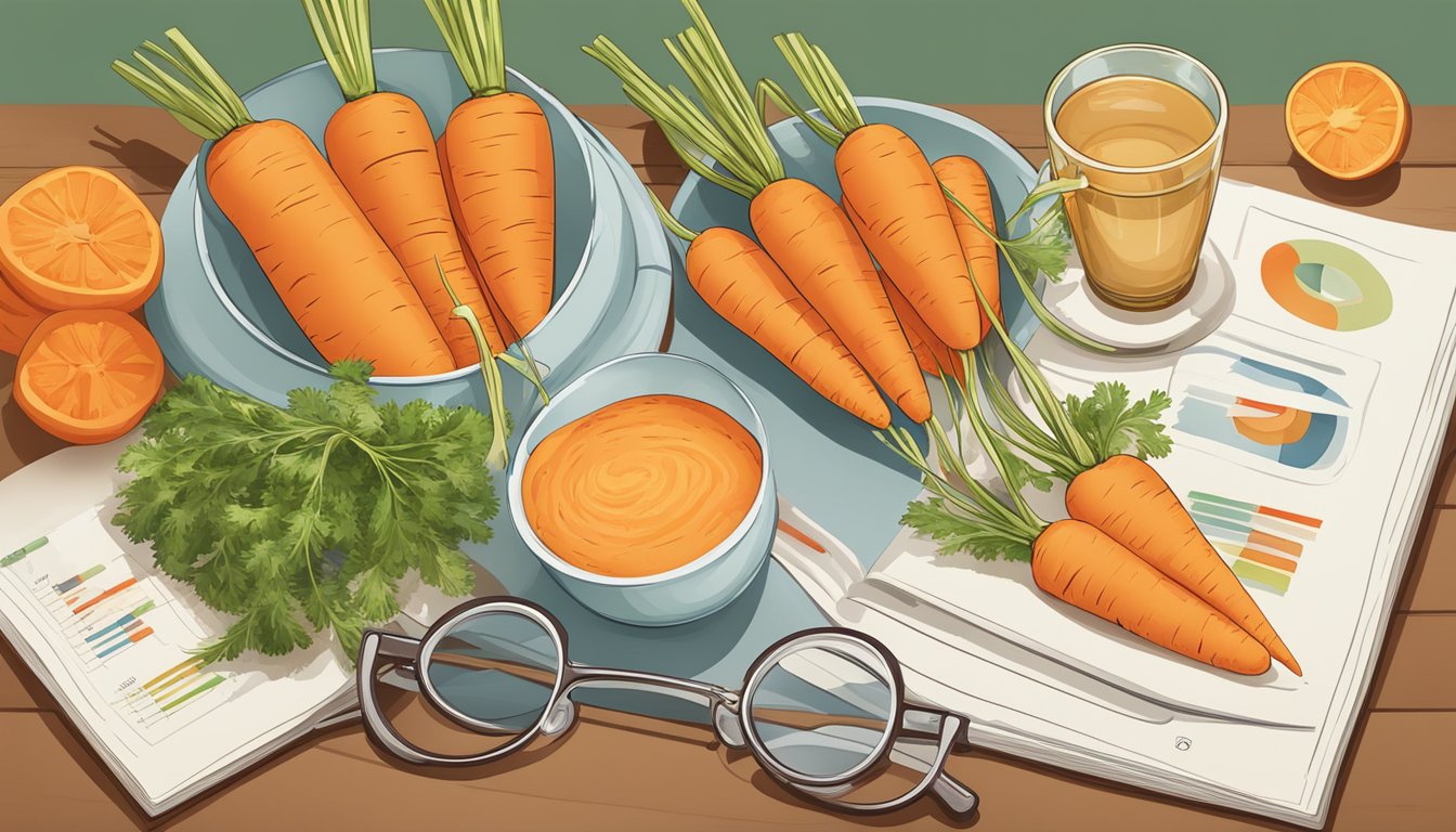 A table with a variety of carrots and a measuring cup, surrounded by images of healthy eyes and glasses