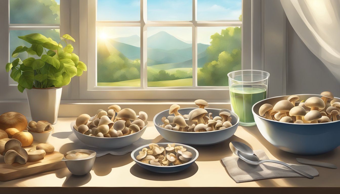 A table with various portions of mushrooms and a measuring cup, surrounded by sunlight streaming through a window