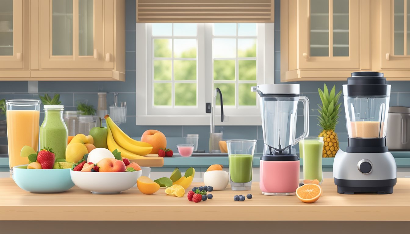 A kitchen counter with multiple empty glasses and a blender surrounded by various fruits, protein powder, and other smoothie ingredients