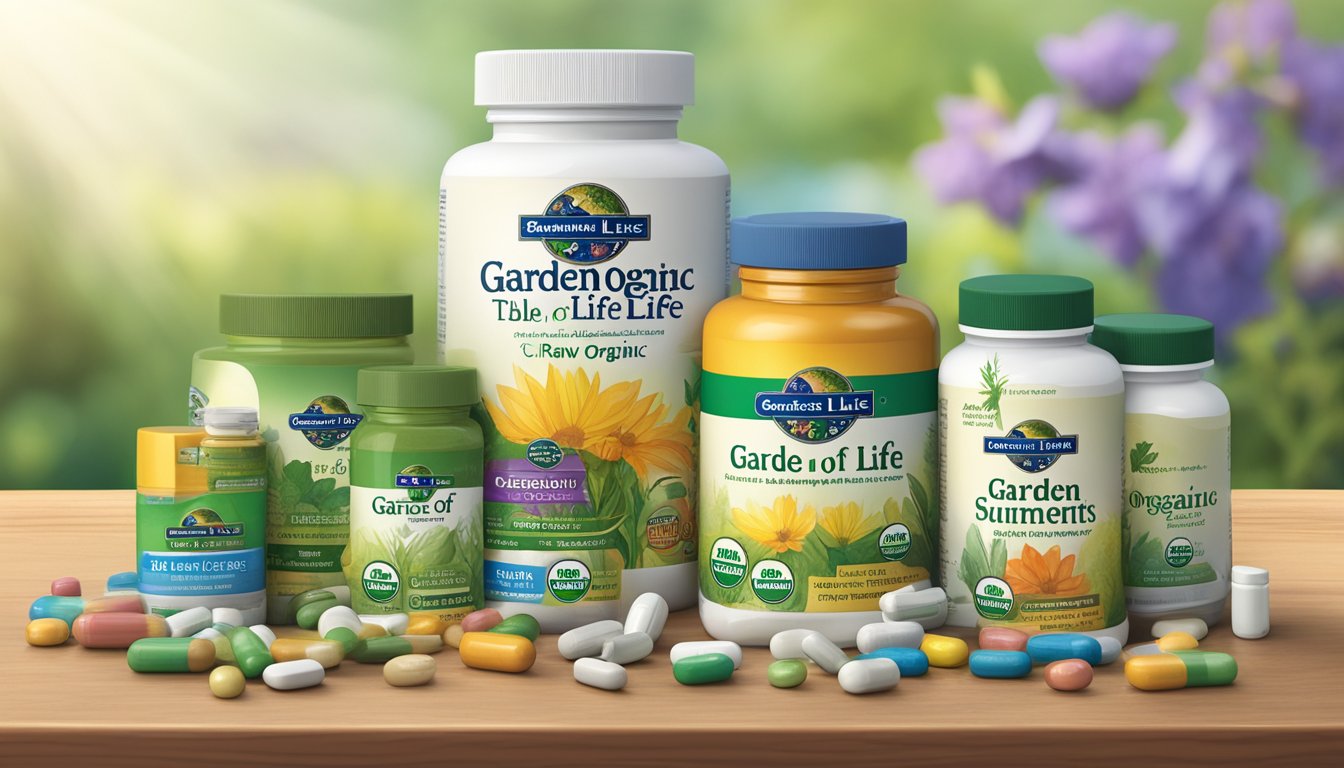 A table filled with bottles of Garden of Life Raw Organic supplements, with a stack of empty pill containers nearby