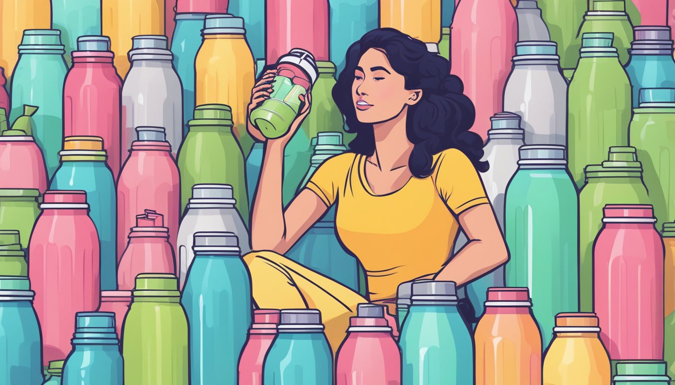 A woman surrounded by empty protein smoothie bottles, looking overwhelmed