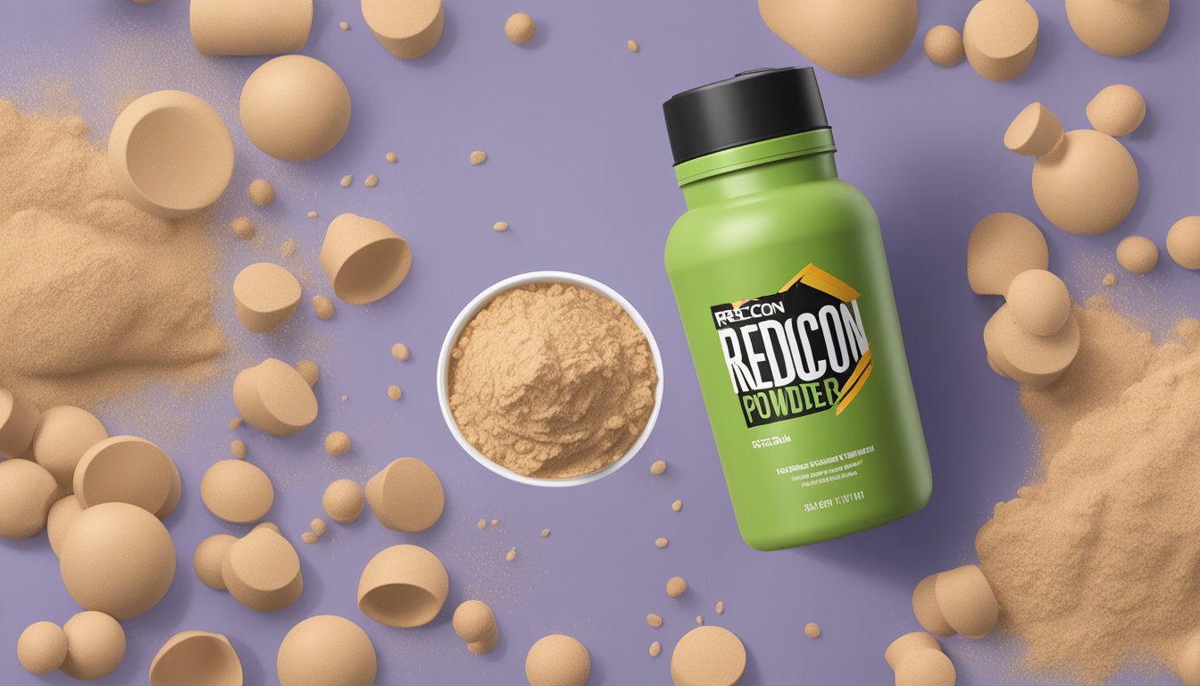 A scoop of Redcon1 MRE protein powder overflowing from a shaker bottle, surrounded by empty scoops and spilled powder