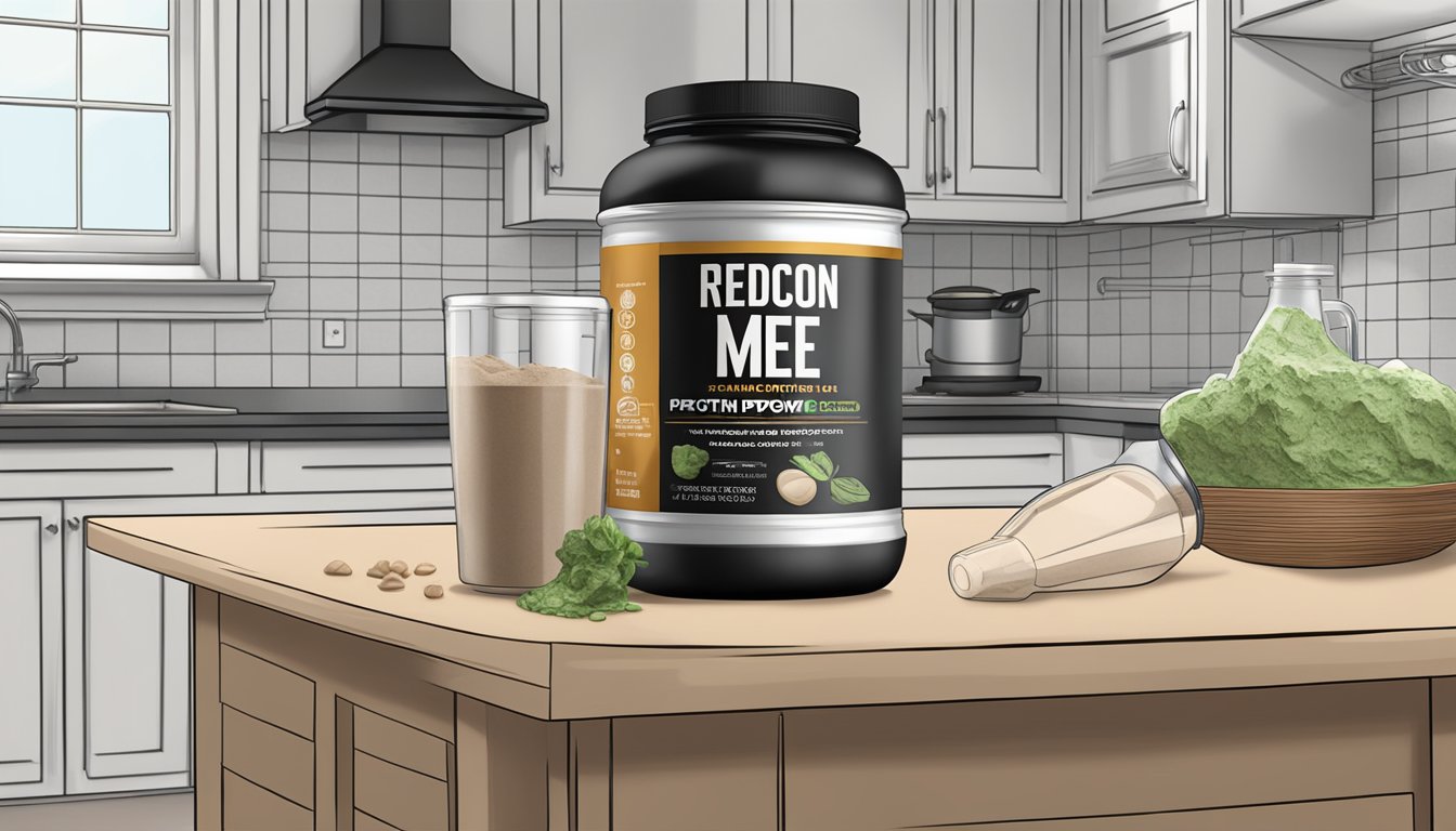 A scoop of redcon1 mre protein powder overflowing from a shaker bottle onto a kitchen counter