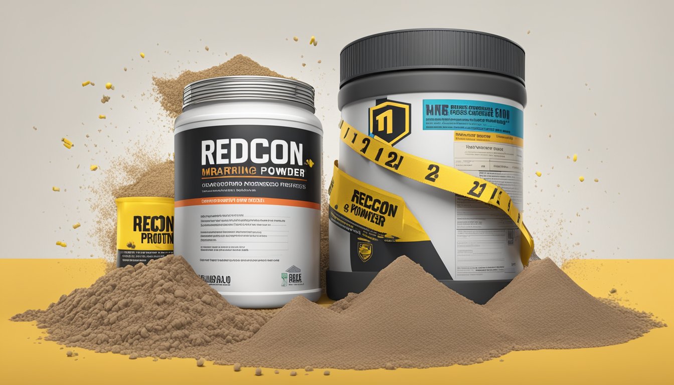 A large mound of Redcon1 MRE protein powder spilling out of a container, with caution tape and warning signs surrounding it