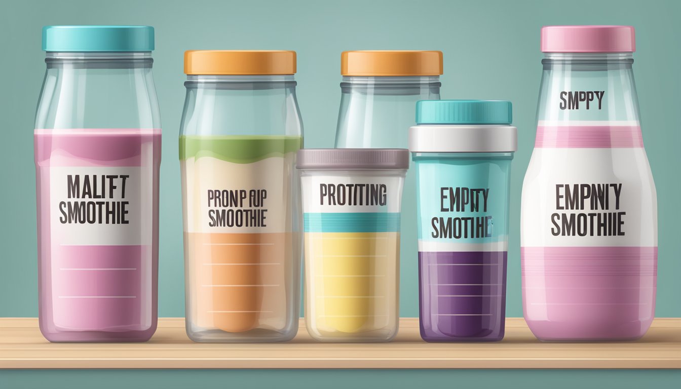 A table with various sizes of empty protein smoothie bottles, a measuring cup, and a warning label with serving size information