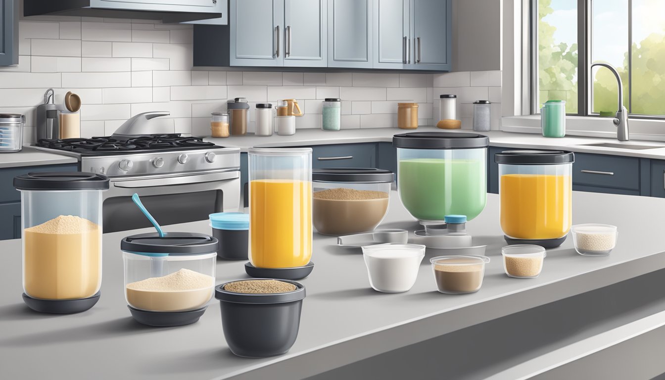 A kitchen counter with multiple empty blender cups and scattered protein powder containers