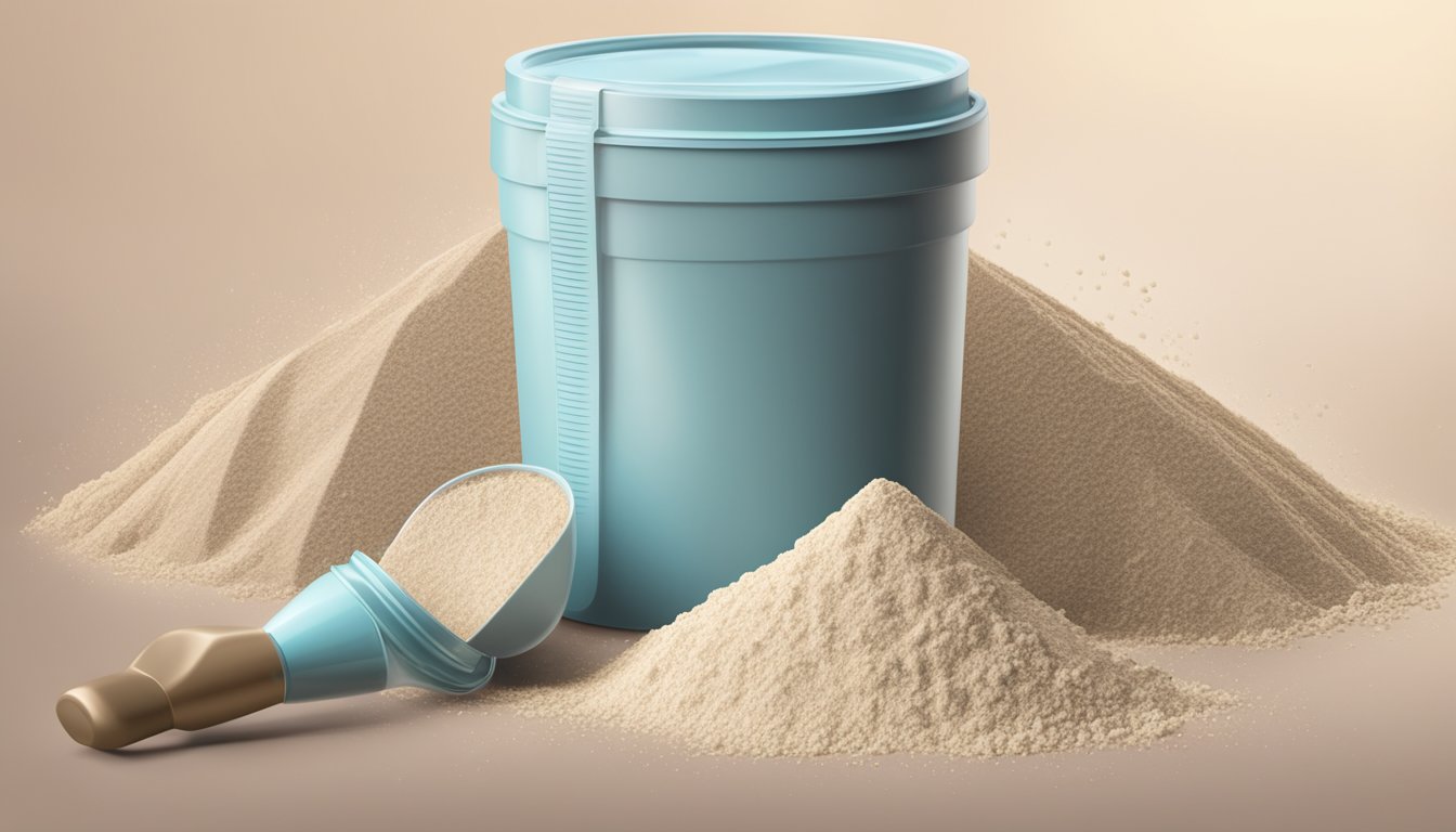 A stack of empty protein powder scoops grows taller as the number of servings increases, eventually overflowing from the container