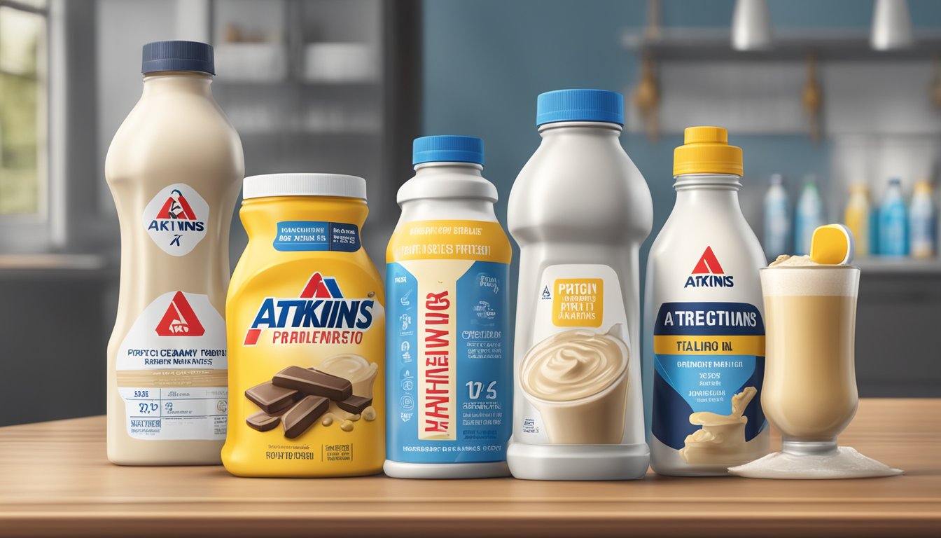 A table with multiple empty and half-empty bottles of Atkins creamy protein shake, surrounded by caution signs and a warning label