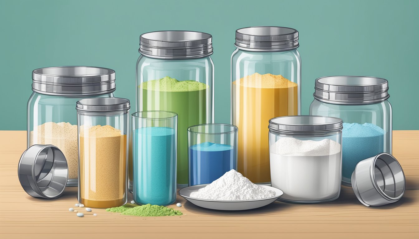 A table with multiple empty glasses and overflowing protein powder containers