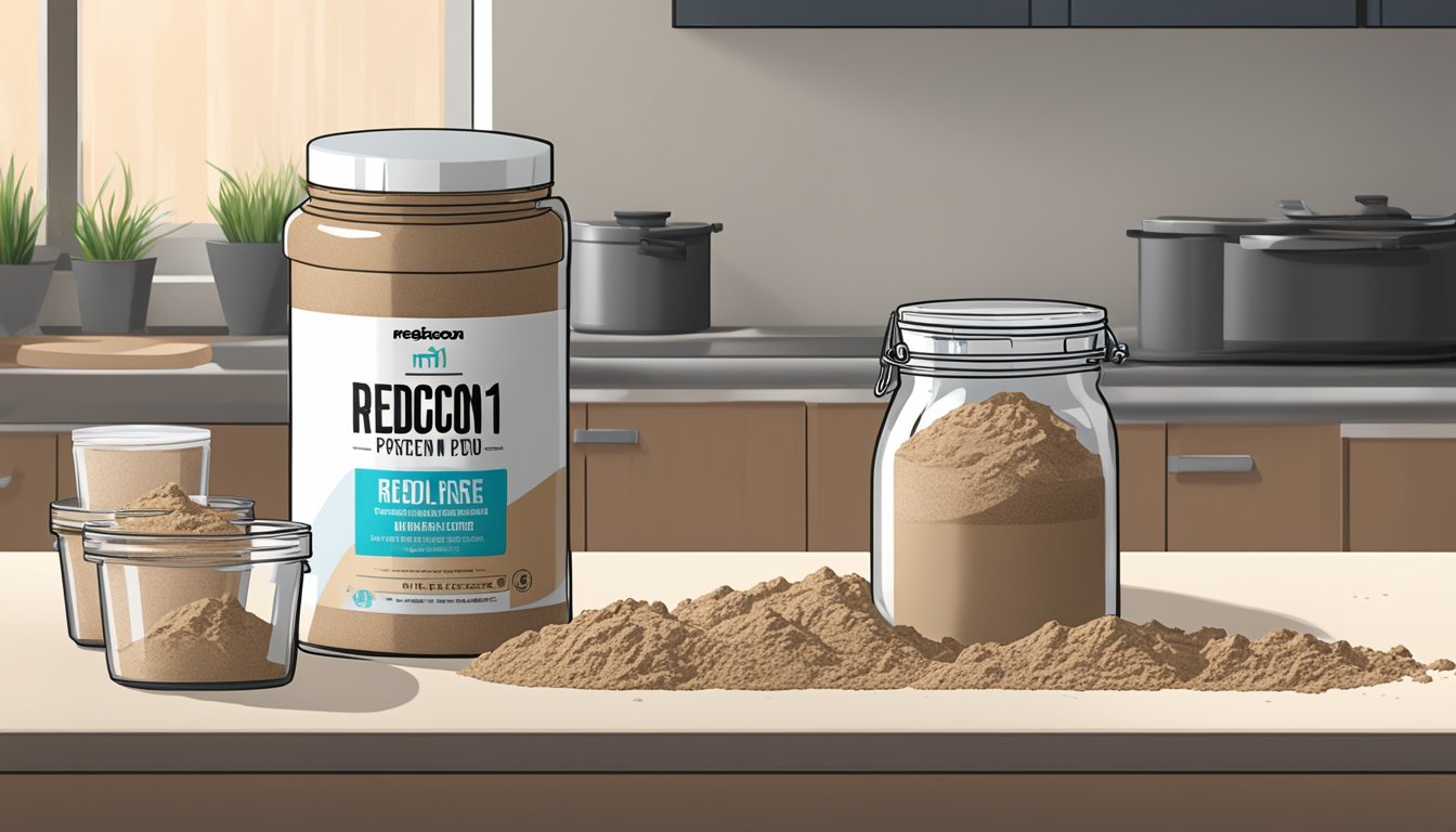 A kitchen counter with multiple scoops of Redcon1 MRE protein powder spilling out of a jar onto the surface