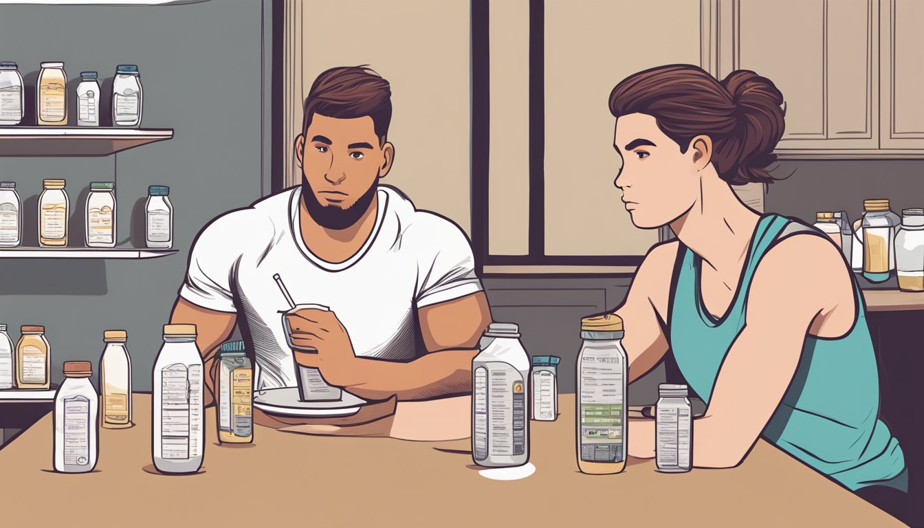 A table with multiple Atkins creamy protein shake bottles, some empty, some half-full, and a person looking concerned while reading the label for serving size