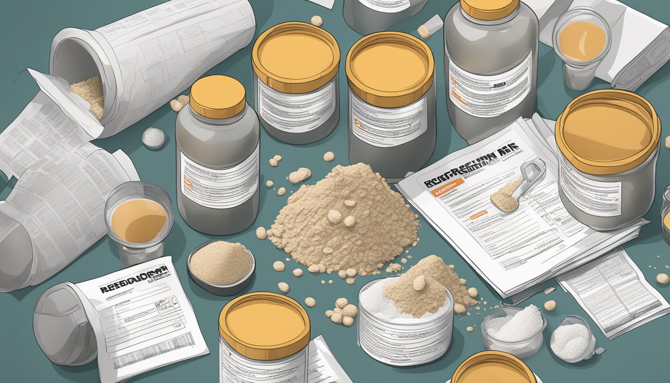 A mountain of redcon1 MRE protein powder scoops overflowing from a shaker bottle, surrounded by scientific research papers and a cautionary warning label