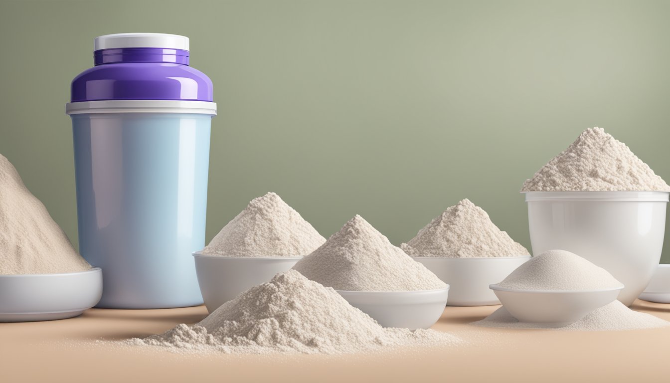 A mountain of empty protein powder scoops towering over a shaker bottle