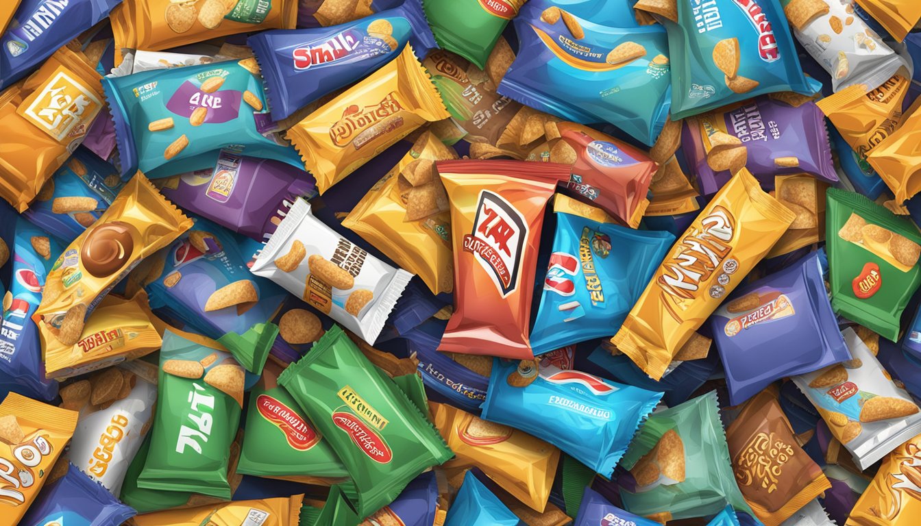 A pile of empty Ratio Crunchy Bar wrappers overflowing from a trash can, surrounded by discarded snack packaging