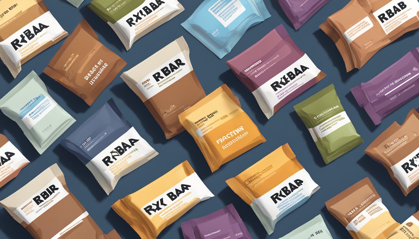 A table with various flavors of RXBAR protein bars stacked in a neat pile, surrounded by empty wrappers