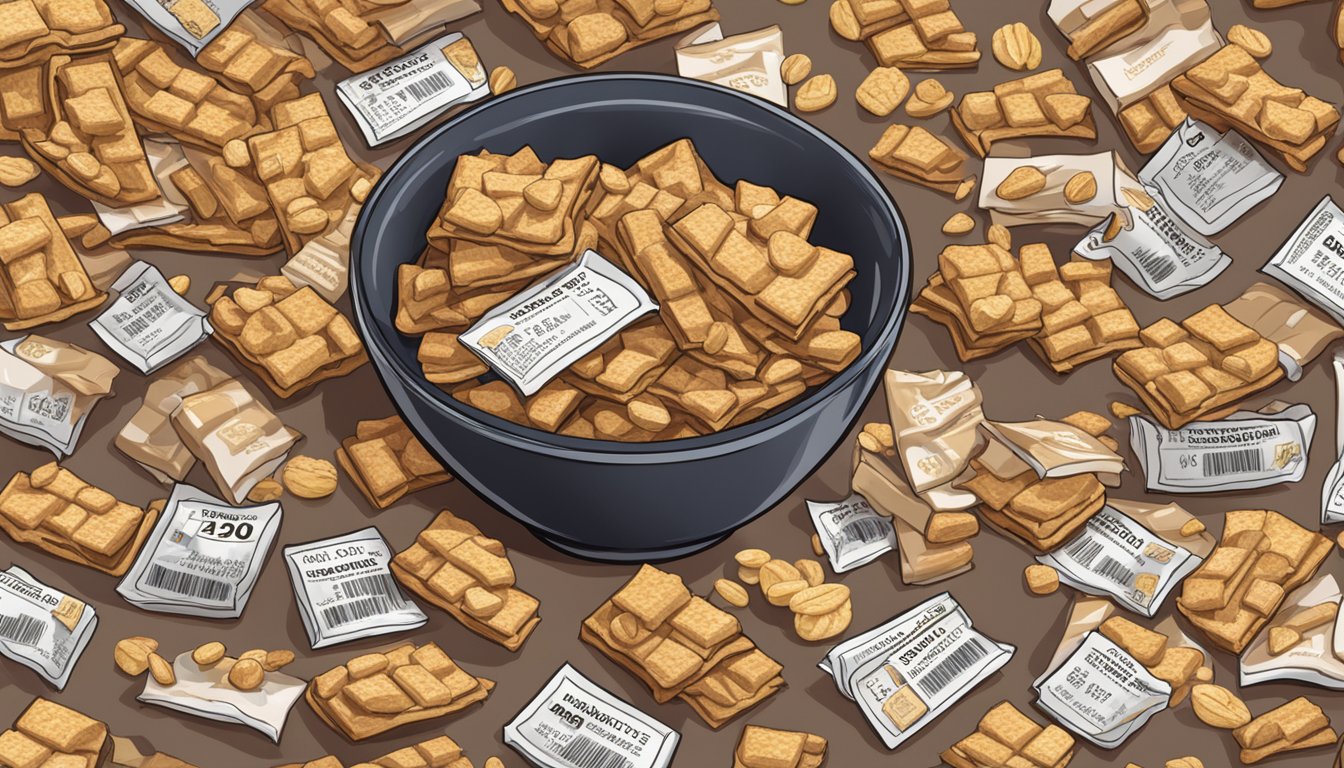 A pile of Ratio Crunchy Bars overflowing from a bowl, with a nutrition label in the background