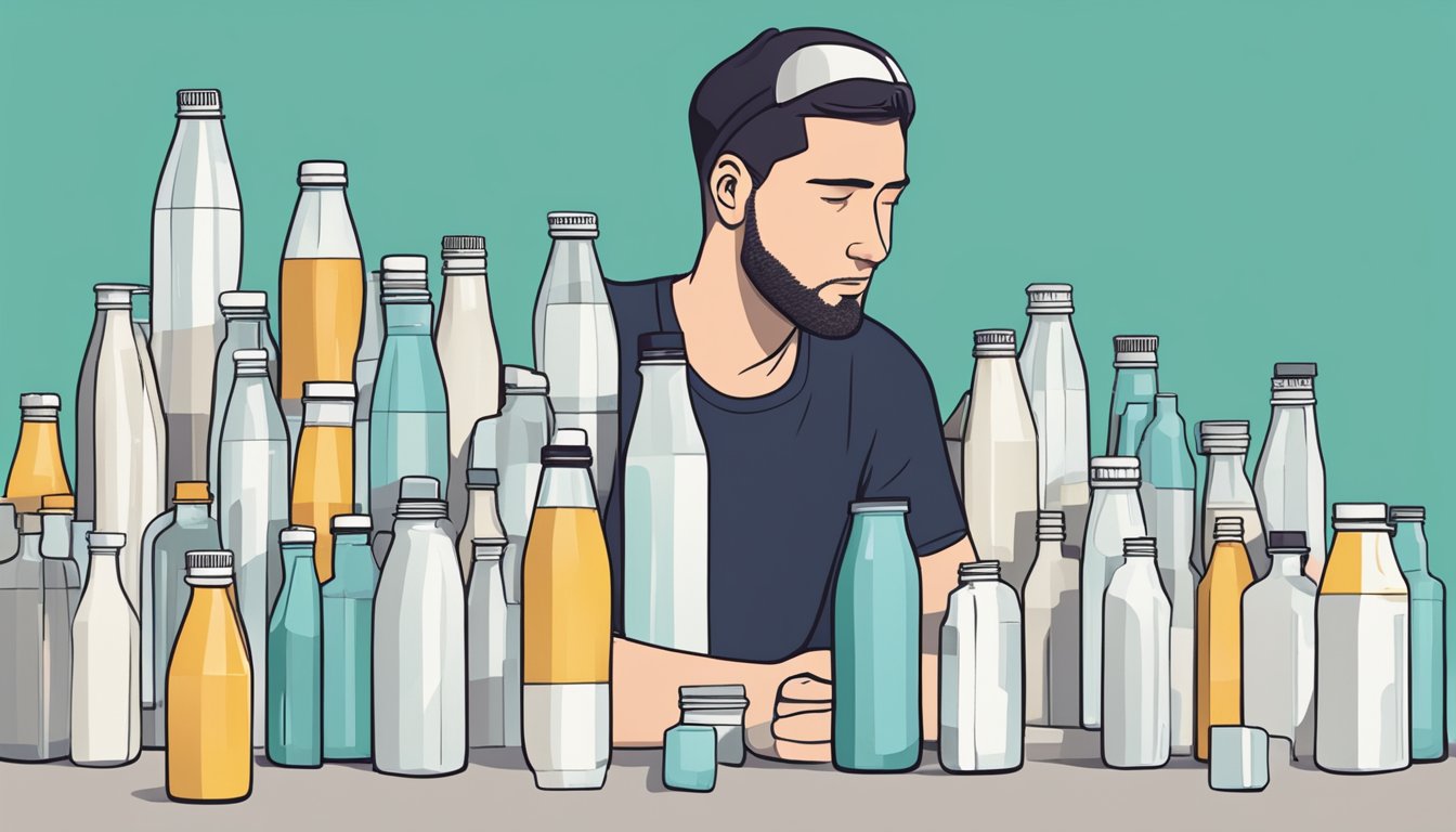 A table with multiple bottles of Soylent stacked on top of each other, surrounded by empty bottles and a concerned expression on a person's face