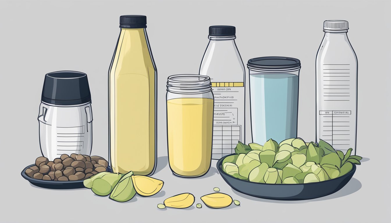 A table with multiple bottles of Soylent, a measuring cup, and a chart showing recommended serving sizes