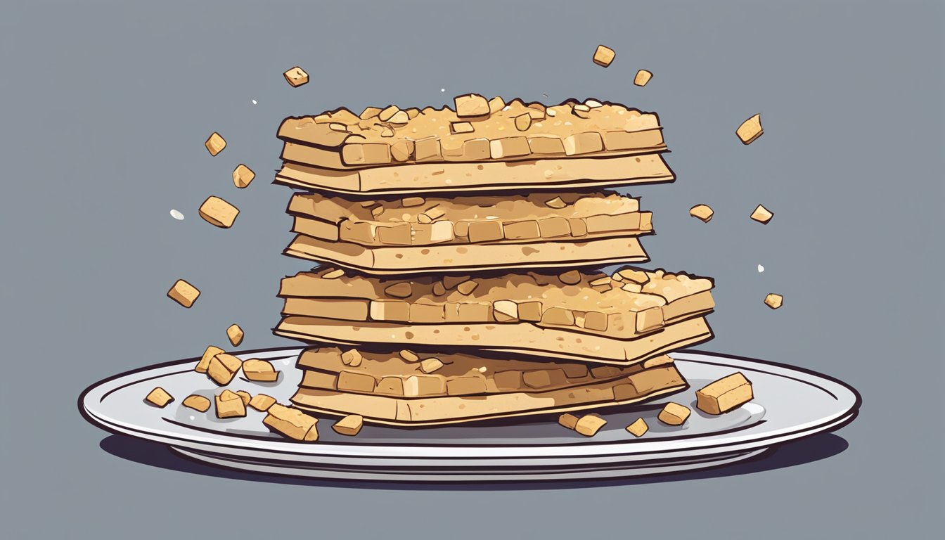 A towering stack of Ratio Crunchy Bars teetering on a plate, with crumbs scattered around and a worried expression on a small cartoon character's face