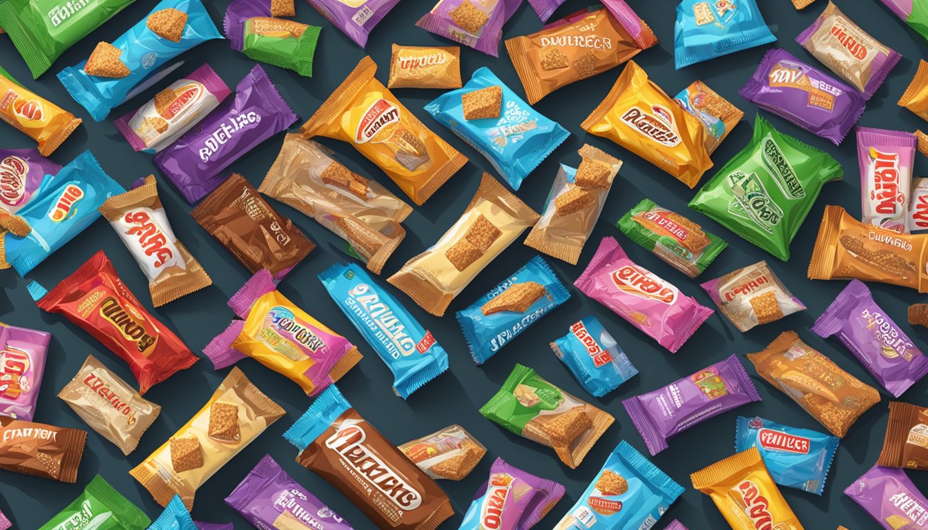 A pile of Ratio Crunchy Bars in various flavors, with multiple empty wrappers scattered around, indicating excessive consumption