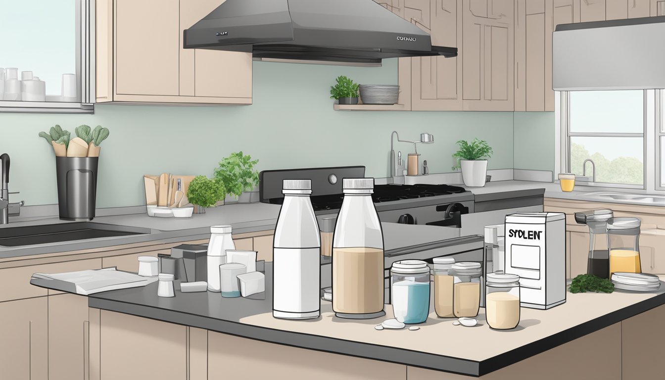 A kitchen counter with multiple empty Soylent bottles scattered around, a half-opened Soylent powder packet, and a blender filled with Soylent shake