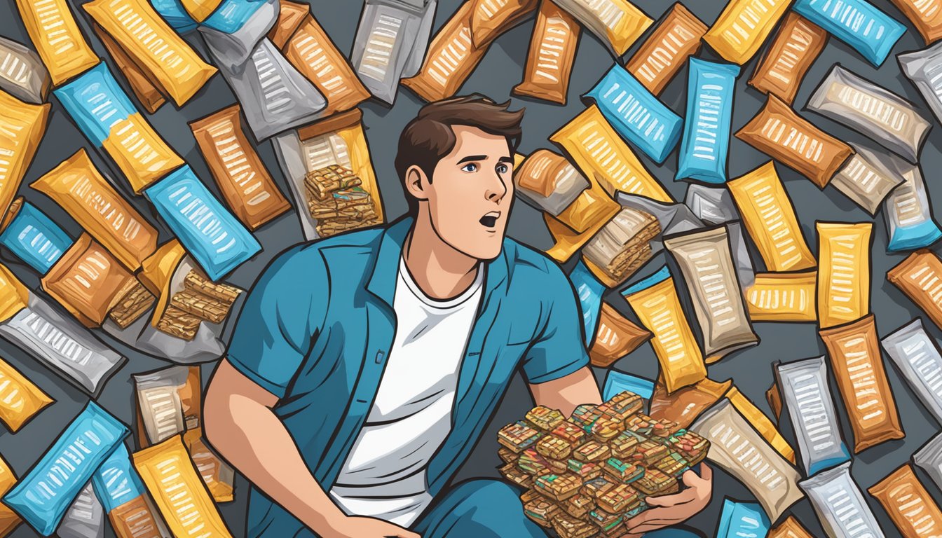 A person surrounded by an excessive amount of opened wonderslim meal replacement bars, with a look of confusion and concern on their face