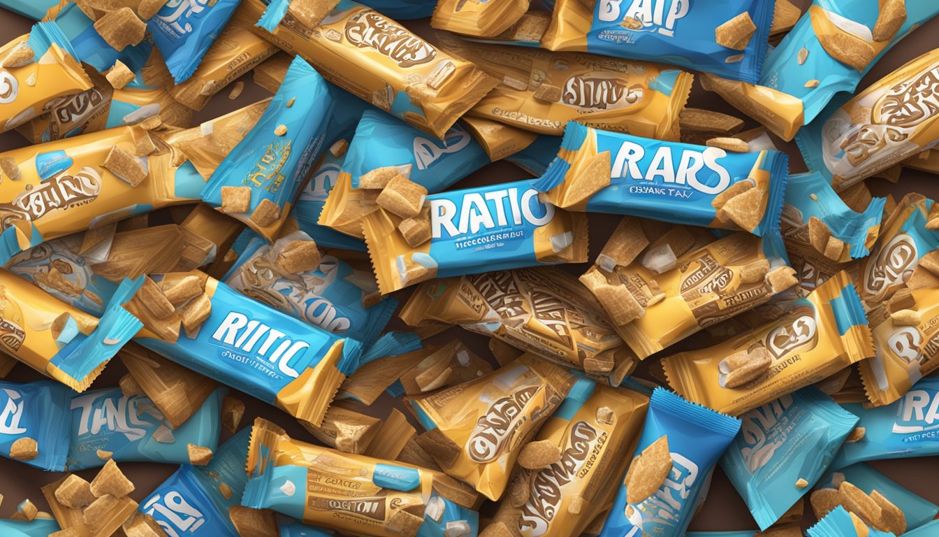 A pile of Ratio Crunchy Bars toppled over, overflowing from a bowl onto a table, surrounded by empty wrappers