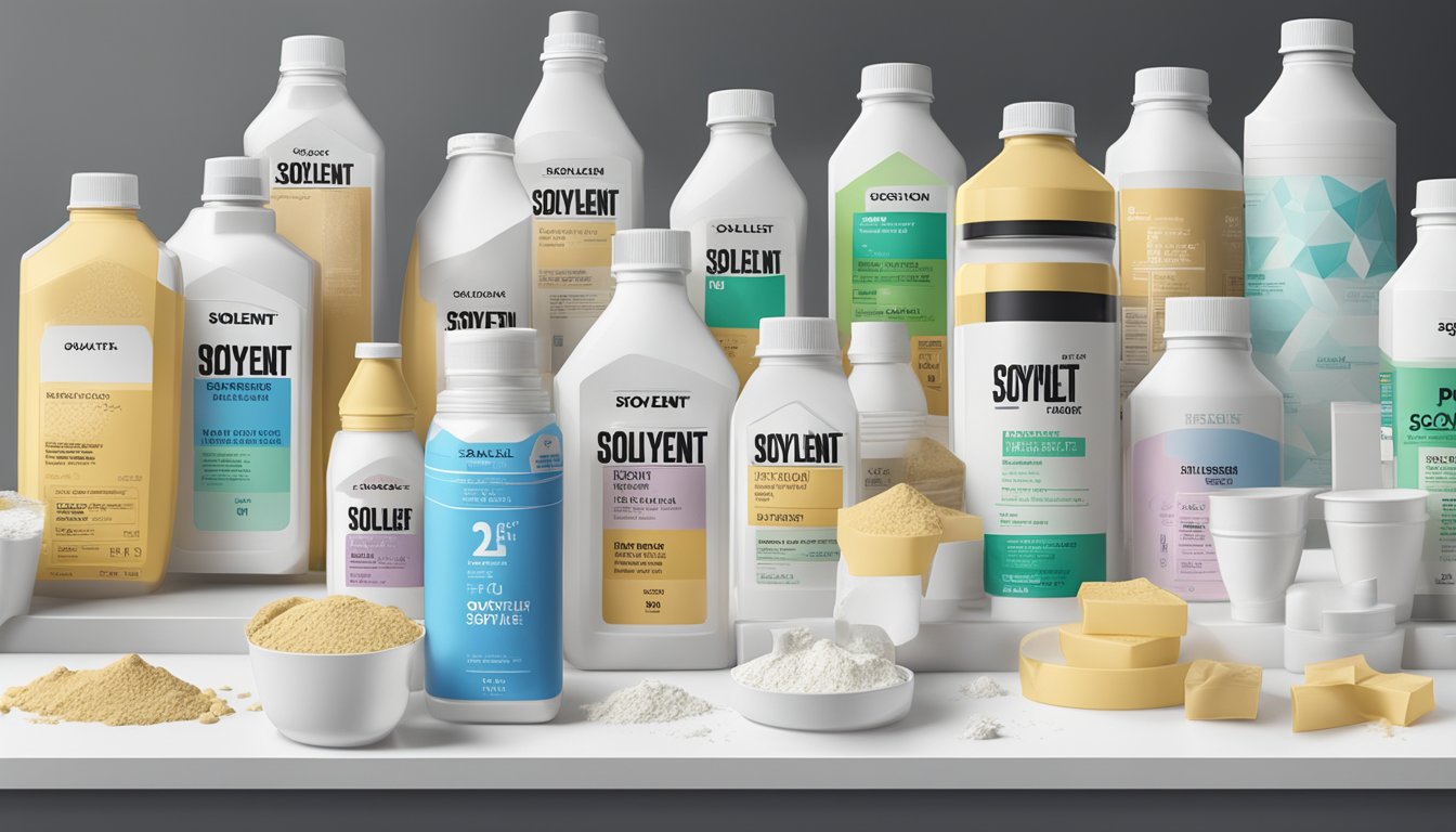 A table covered with various Soylent products, including bottles and powder packets