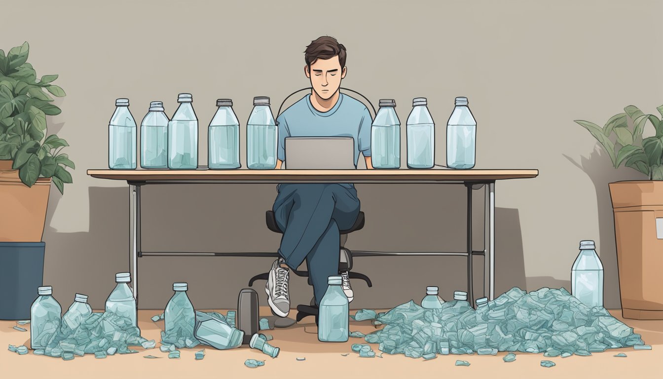 A table filled with empty Soylent bottles, overflowing trash can, and a person looking unwell