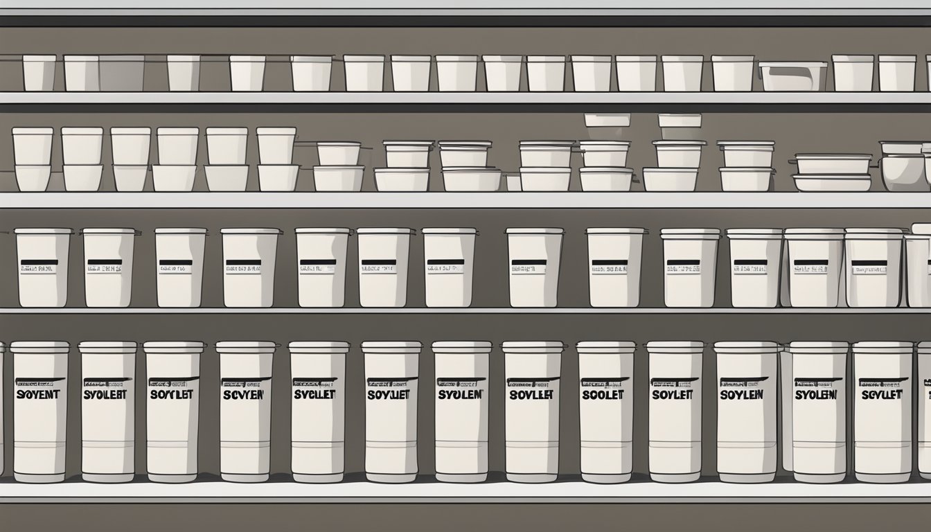 A shelf filled with multiple containers of soylent meal replacement, with a measuring cup and instructions nearby