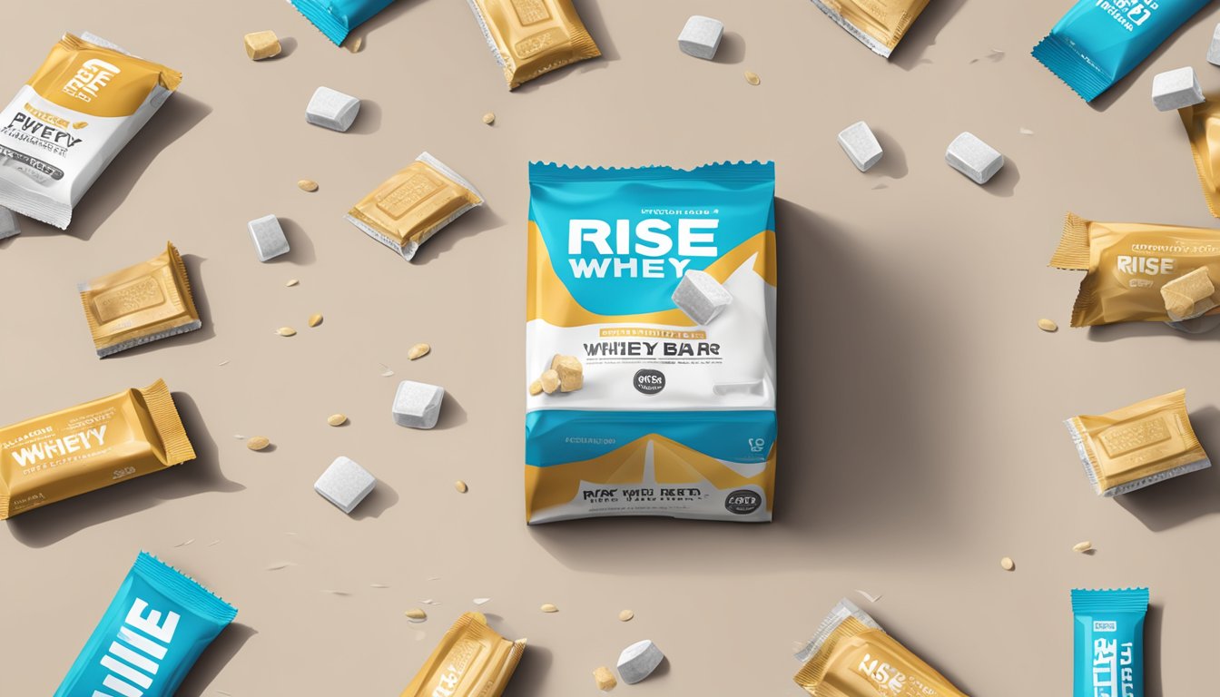 A table covered in empty Rise whey protein bar wrappers, scattered around a half-empty box