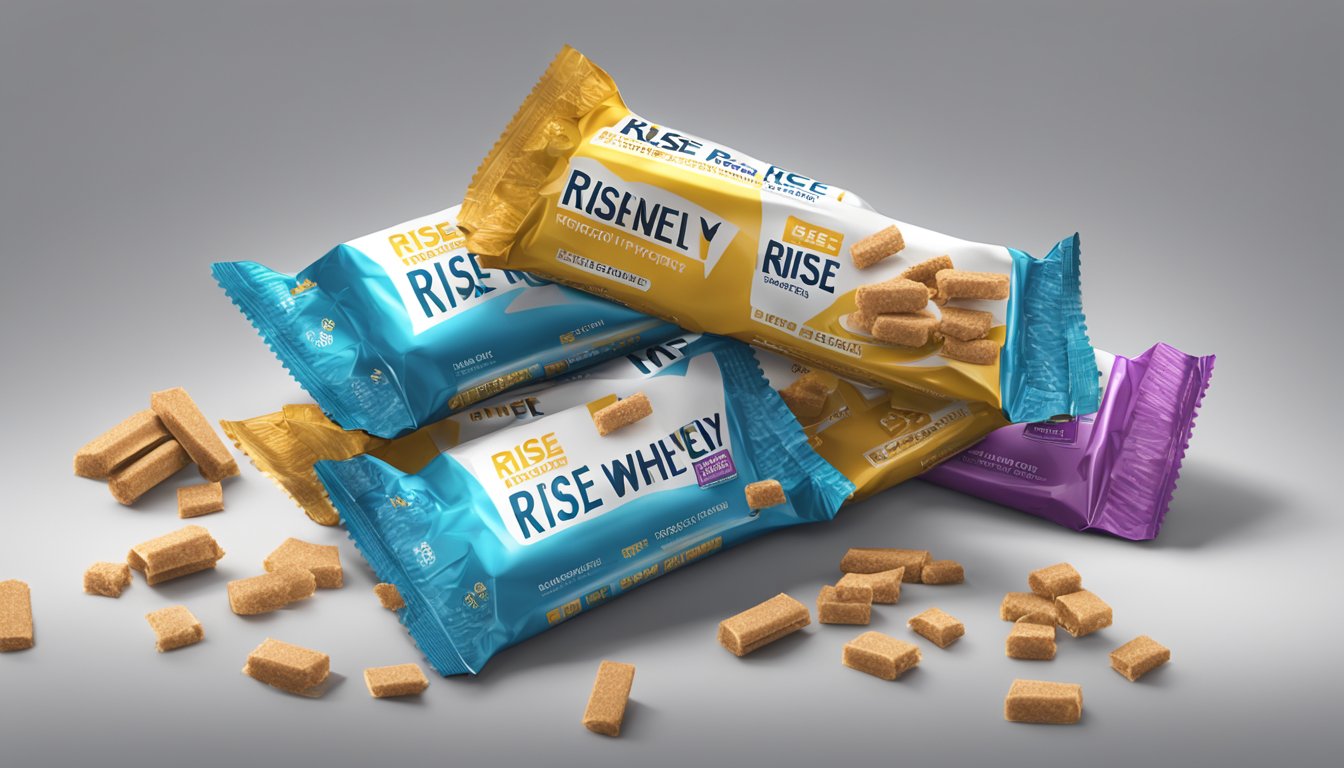 A stack of Rise whey protein bars, some partially unwrapped, surrounded by empty wrappers