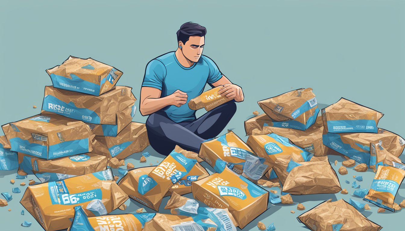 A pile of empty Rise Whey Protein Bar wrappers scattered around a crumpled box, with a concerned person looking at the excessive amount