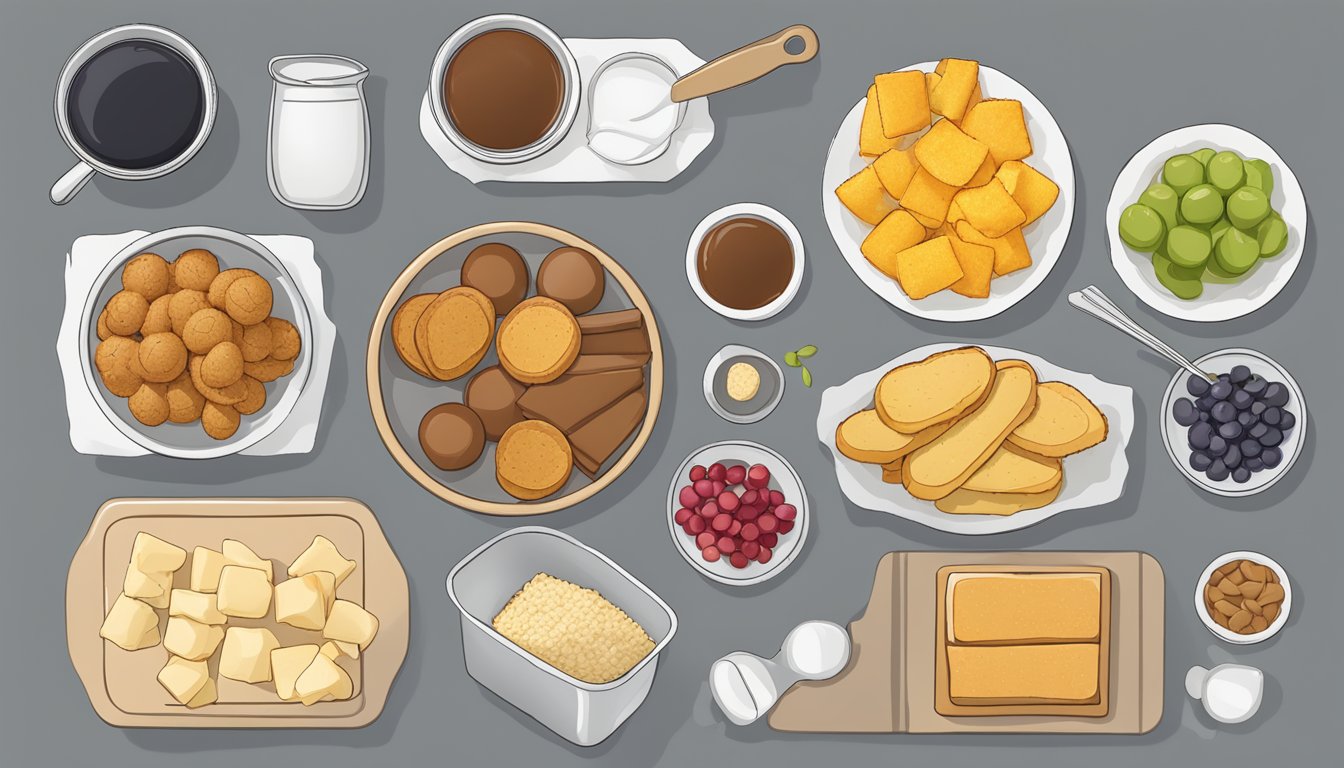 A table with various food items, including Ratio Soft Baked Bars, and a measuring cup to illustrate serving sizes