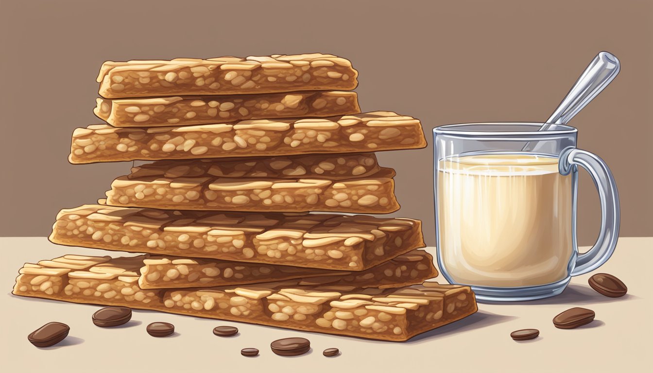 A pile of soft baked bars stacked high, with a measuring cup nearby