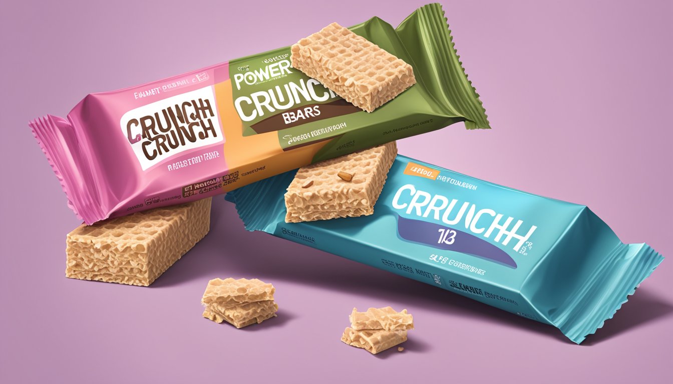 A stack of Power Crunch protein wafer bars, some partially eaten, surrounded by empty wrappers