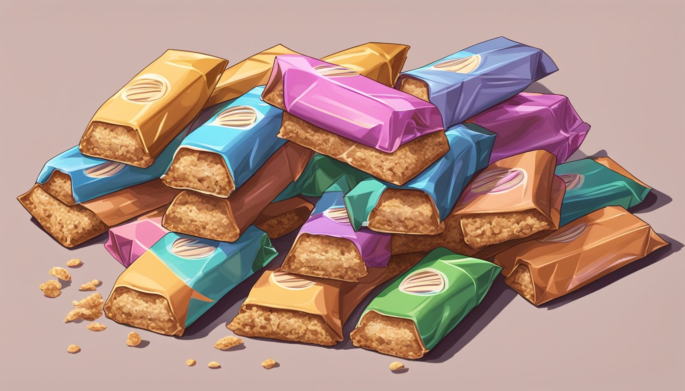 A stack of soft baked bars overflows from a bowl, surrounded by empty wrappers