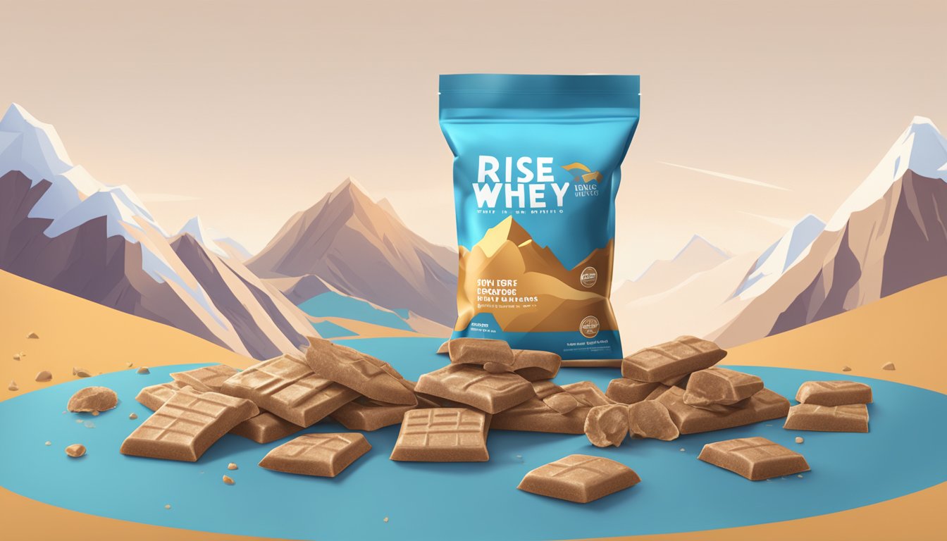 A mountain of Rise whey protein bars overflowing from a large, open bag