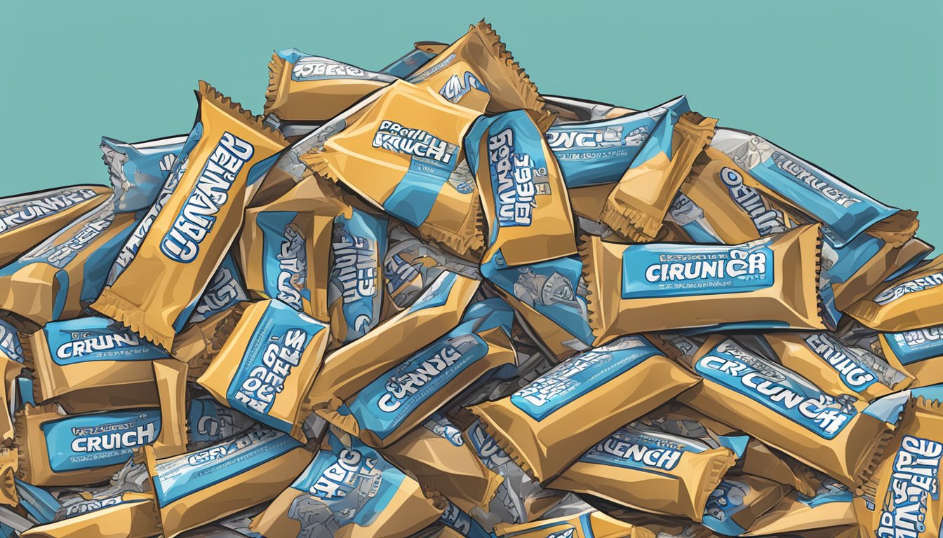 A pile of empty Power Crunch protein wafer bar wrappers overflowing from a trash can