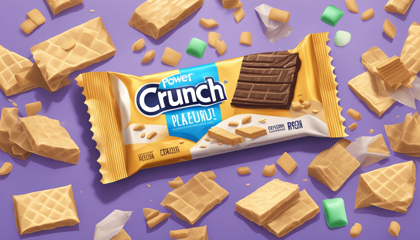 A pile of Power Crunch protein wafer bars, some half-eaten, surrounded by empty wrappers