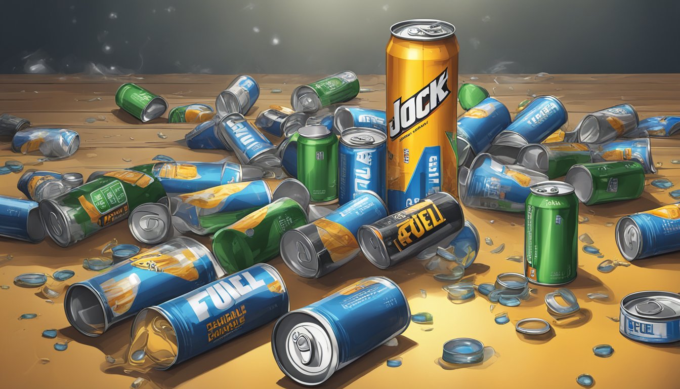 A table with multiple empty Jocko Fuel cans scattered around, some spilled on the floor, with a large glass filled to the brim with the energy drink