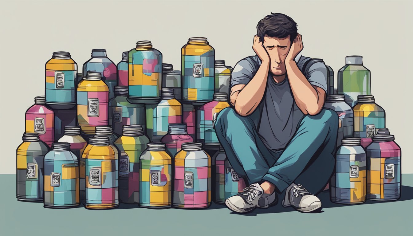 A person surrounded by empty Jocko Fuel bottles, looking overwhelmed with a stack of empty cans next to them