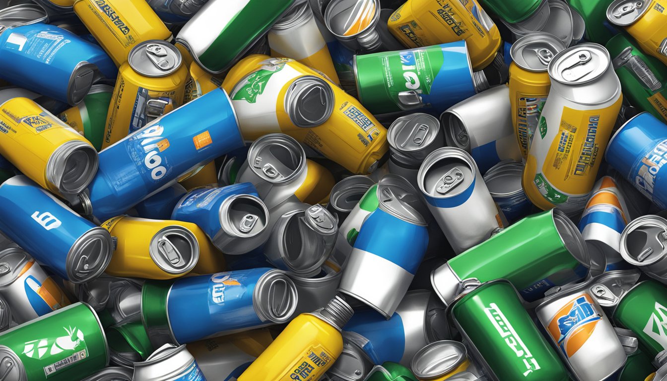 A stack of empty Jocko Fuel cans piled high, surrounded by scattered energy drink bottles