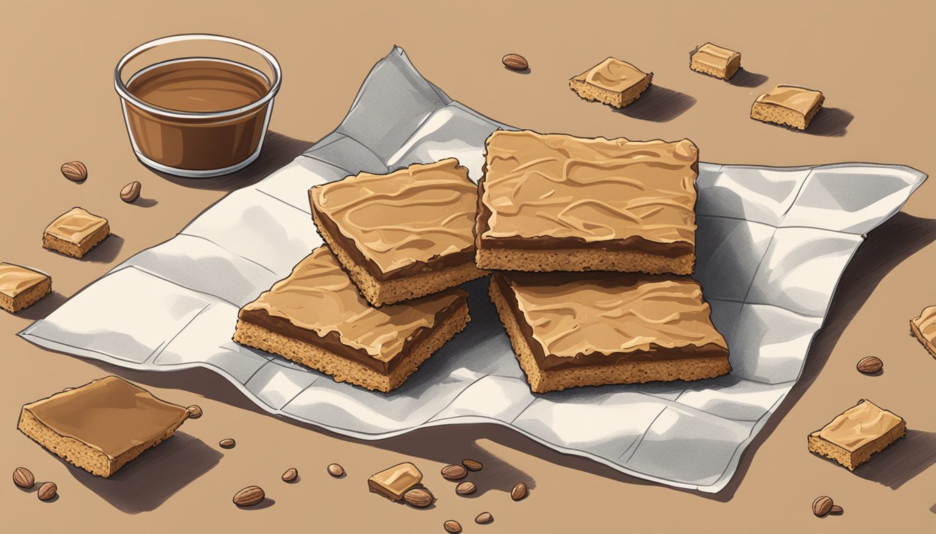 A pile of Larabar peanut butter cookie bars, some half-eaten, scattered on a table. An empty wrapper lies nearby